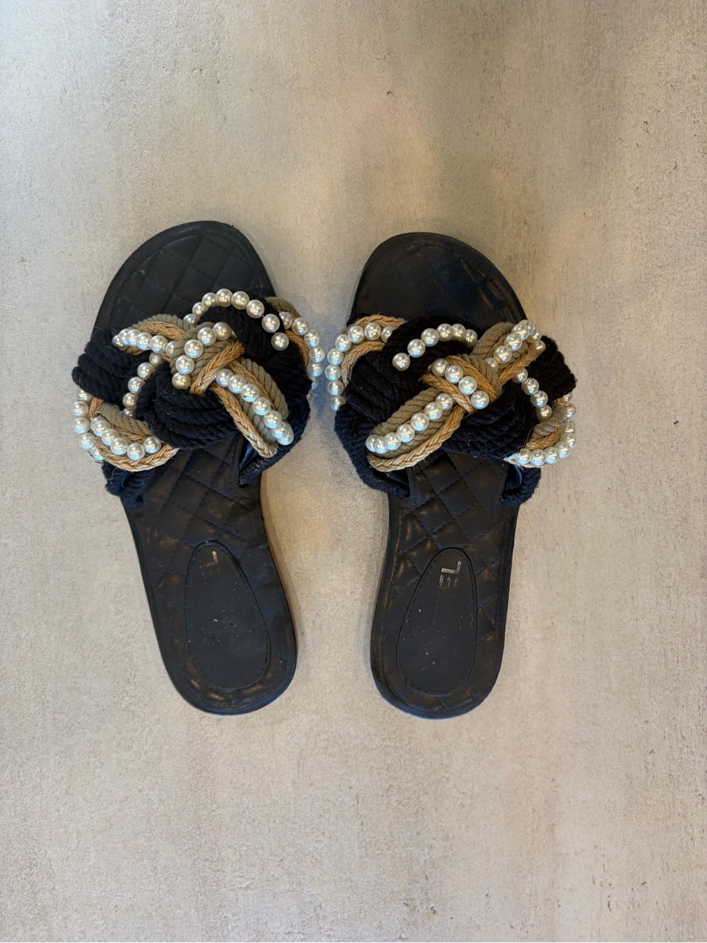 Black Rope Slide Sandals with Pearl Trim